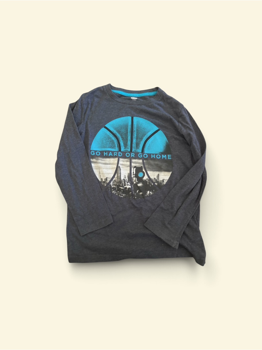 Old Navy Kid’s Long-Sleeve Graphic Tee in Charcoal with Teal Print